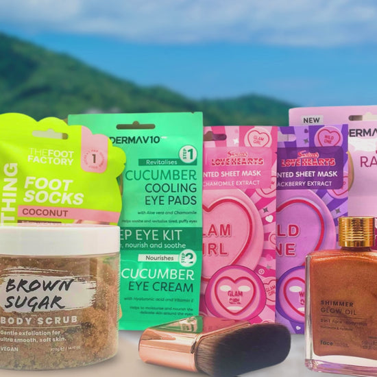 Beauty pamper gift set video showing skincare routine with sheet masks, lip care, shimmer body oil, foot socks and body scrub for self care and gifting