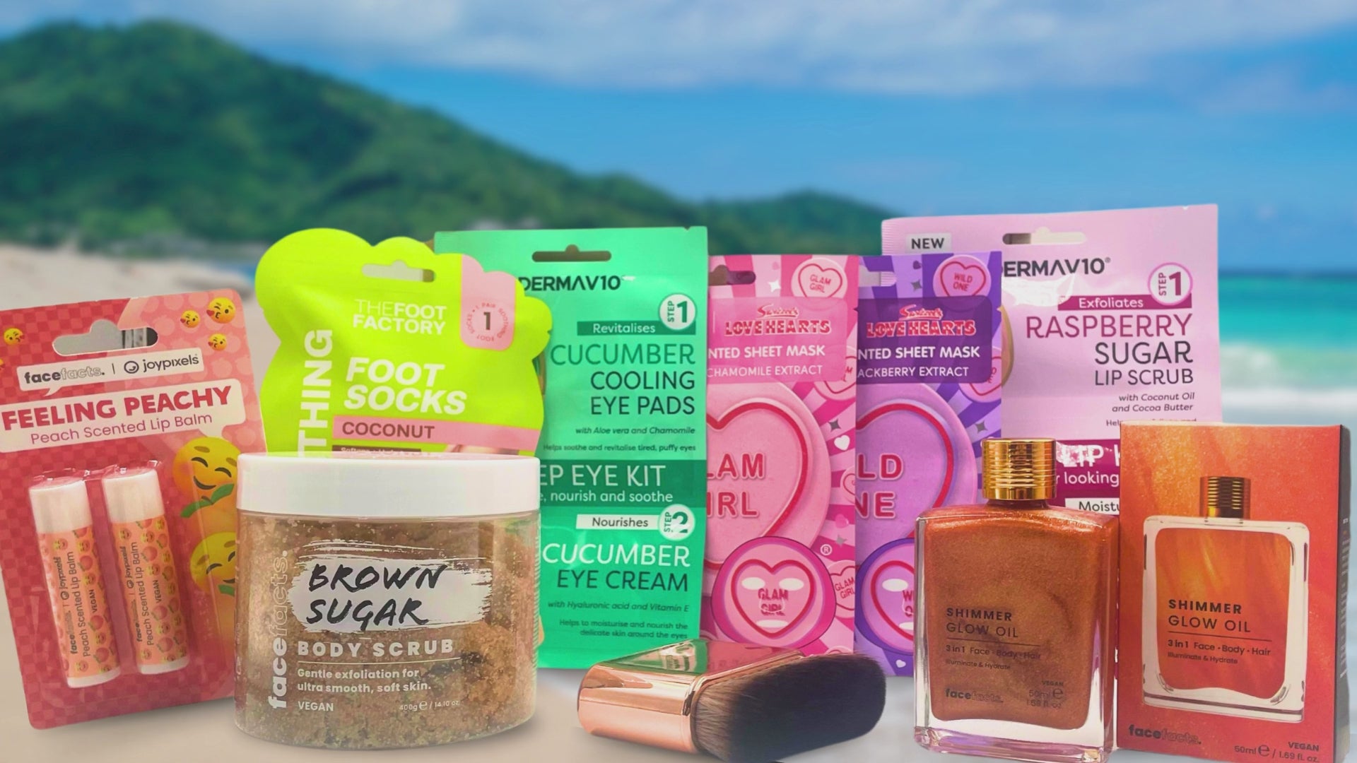 Beauty pamper gift set video showing skincare routine with sheet masks, lip care, shimmer body oil, foot socks and body scrub for self care and gifting