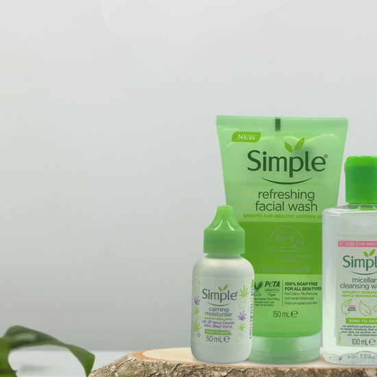 Skincare routine video featuring Simple facial wash, micellar water, calming moisturiser and hyaluronic acid serum with reusable cotton pads for daily hydration