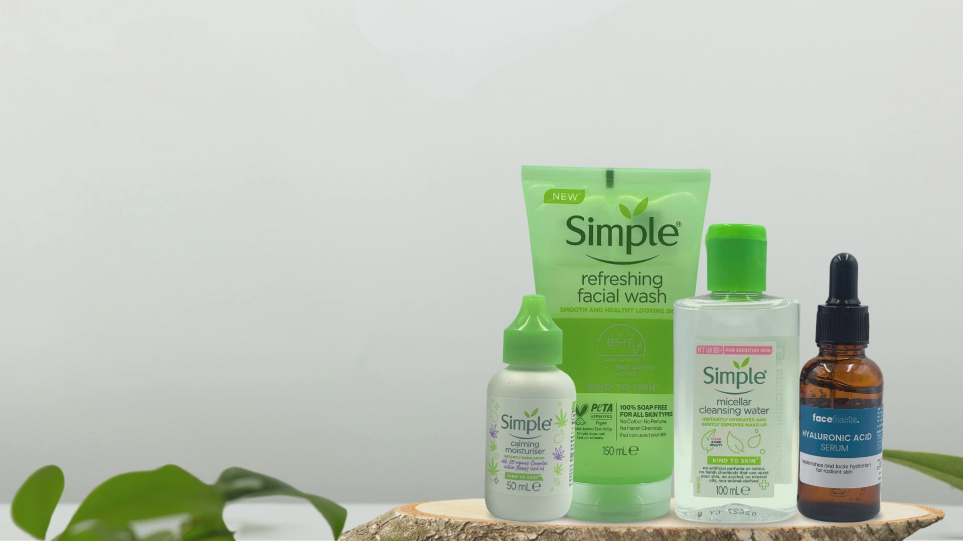 Skincare routine video featuring Simple facial wash, micellar water, calming moisturiser and hyaluronic acid serum with reusable cotton pads for daily hydration