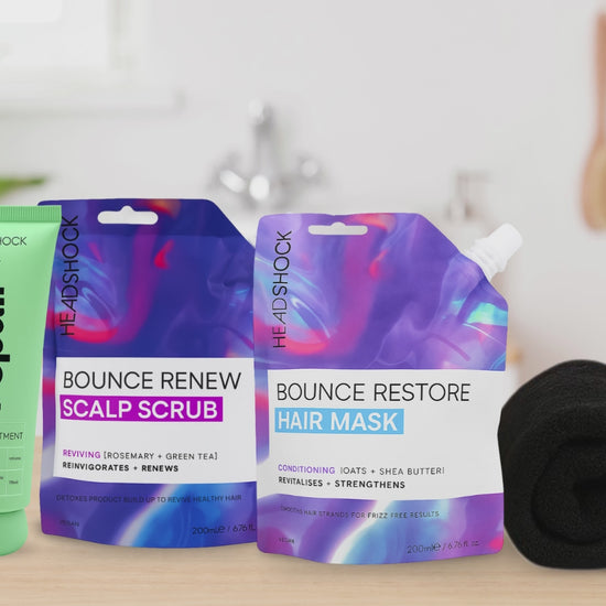 This video shows the Headshock scalp scrub and hair mask routine as part of a complete hair care bundle. The scalp scrub helps exfoliate buildup and refresh the scalp, while the hair mask nourishes, strengthens and smooths hair lengths.