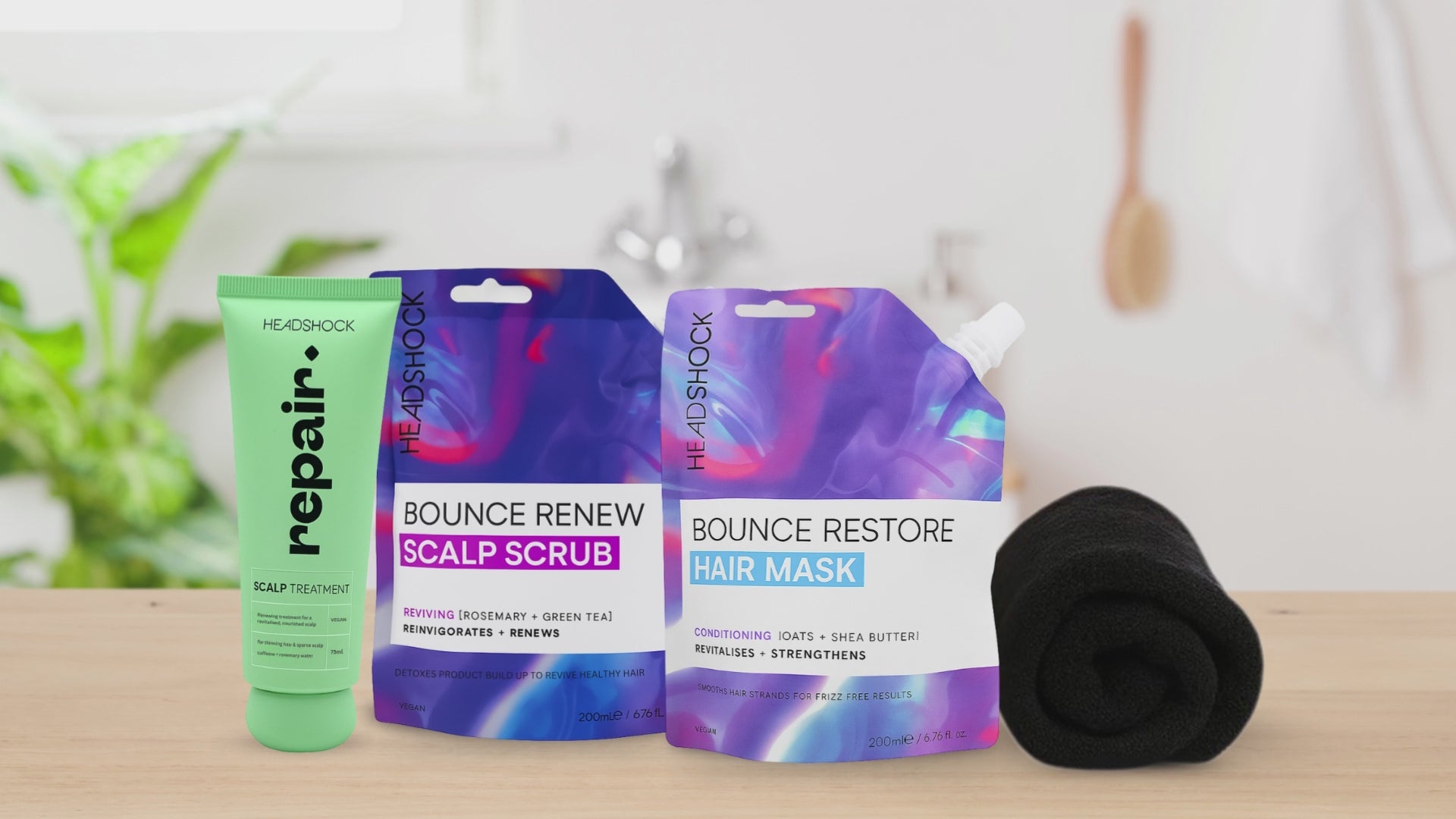 This video shows the Headshock scalp scrub and hair mask routine as part of a complete hair care bundle. The scalp scrub helps exfoliate buildup and refresh the scalp, while the hair mask nourishes, strengthens and smooths hair lengths.