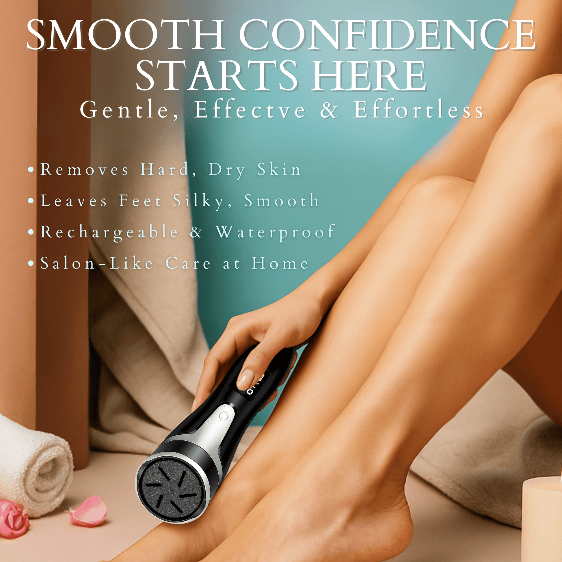 Woman using electric foot file at home to remove hard skin and achieve smooth, soft feet.