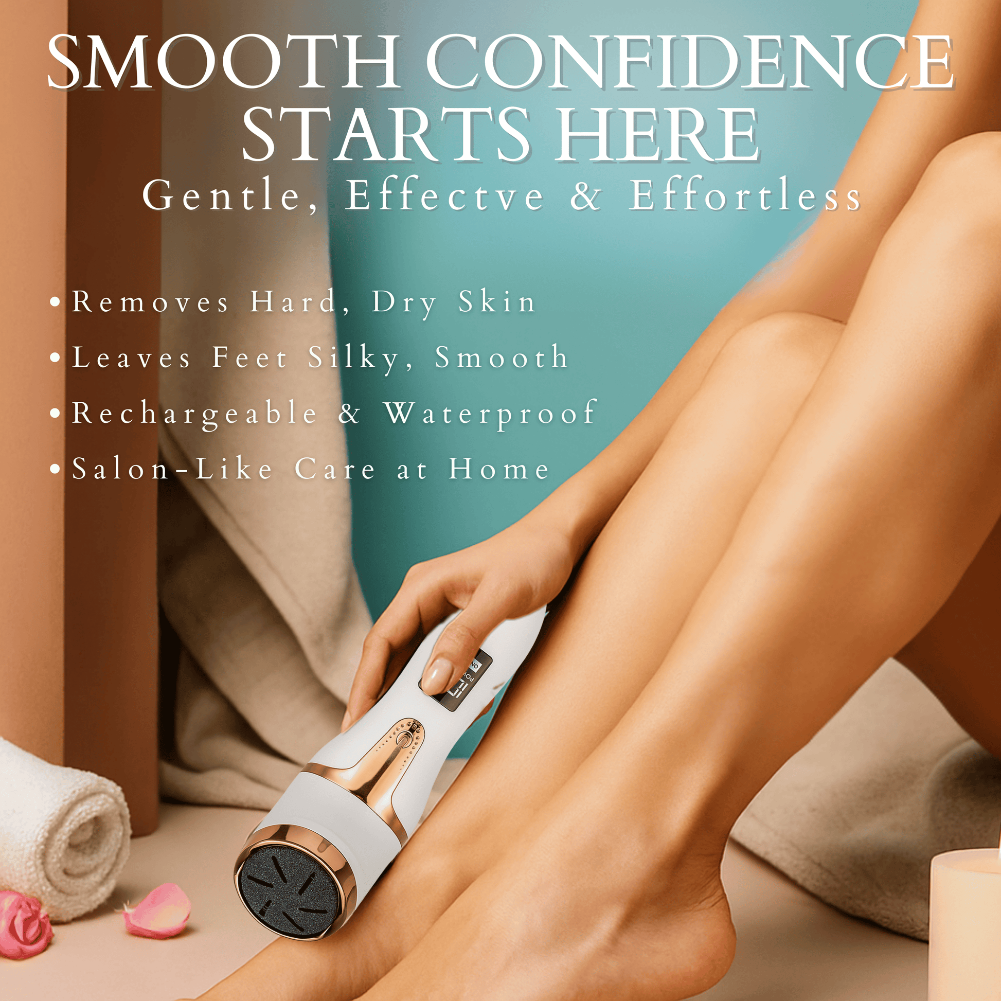 Woman using electric foot file at home to remove hard skin and achieve smooth, soft feet.