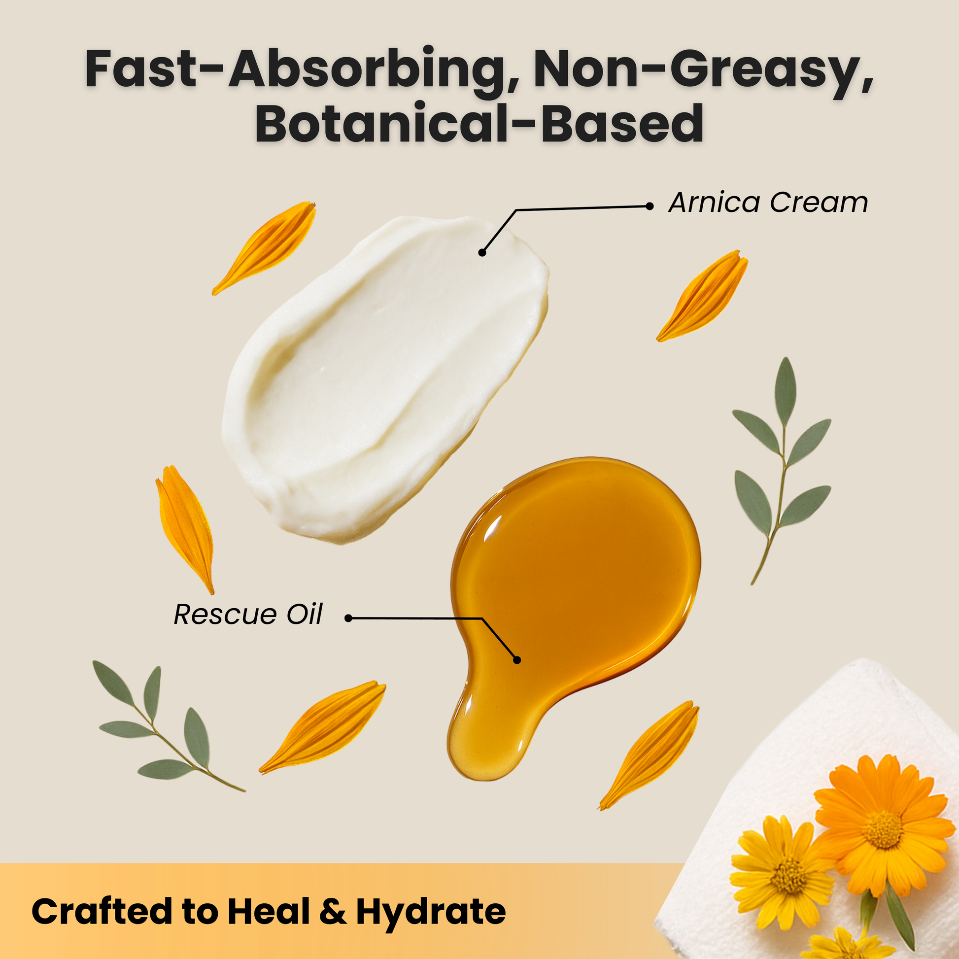 Texture swatch of rescue oil and arnica cream with botanical elements — non-greasy, hydrating formula with fast absorption.