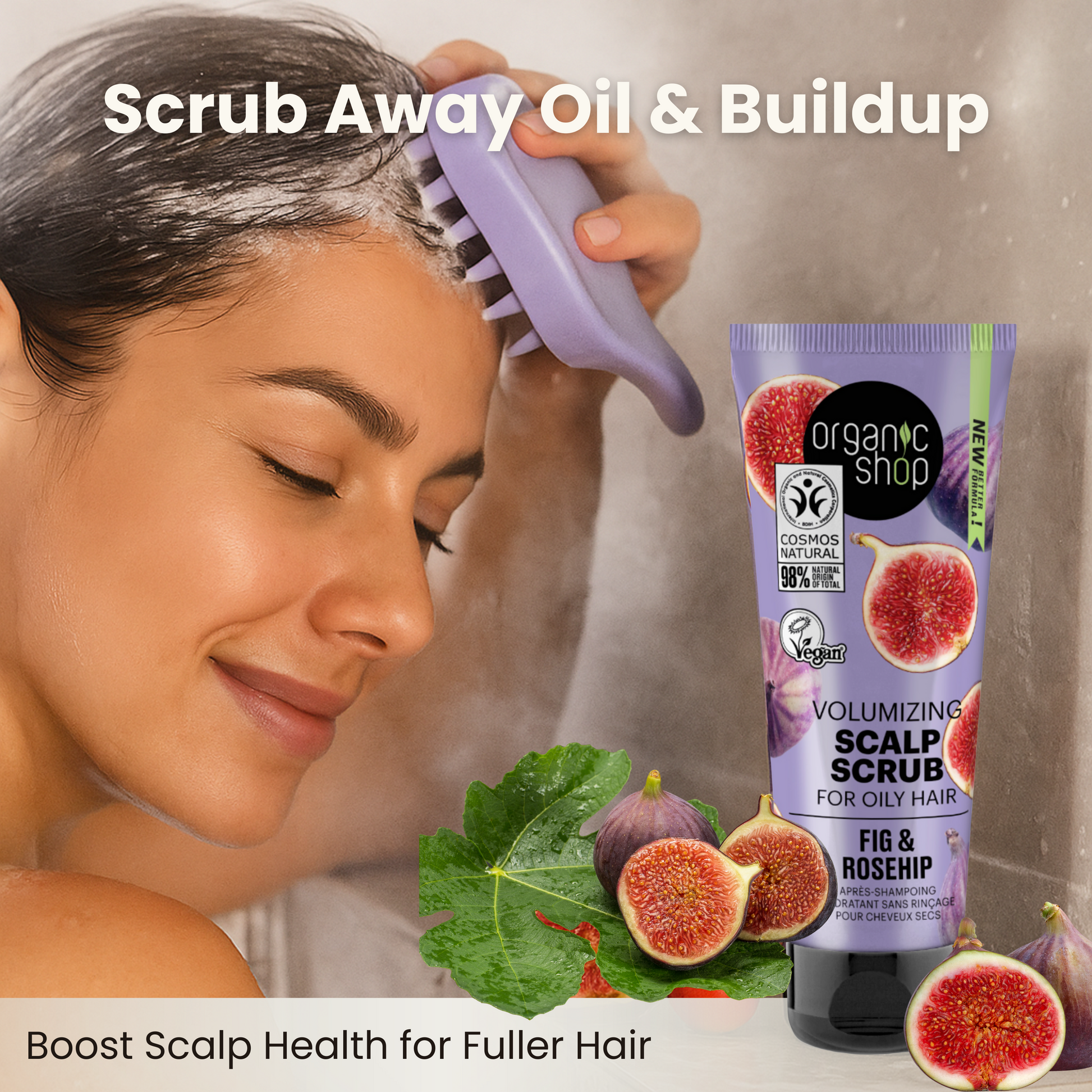 Close-up of woman exfoliating scalp with fig & rosehip scalp scrub for oily hair, fig and rosehip fruit beside product.