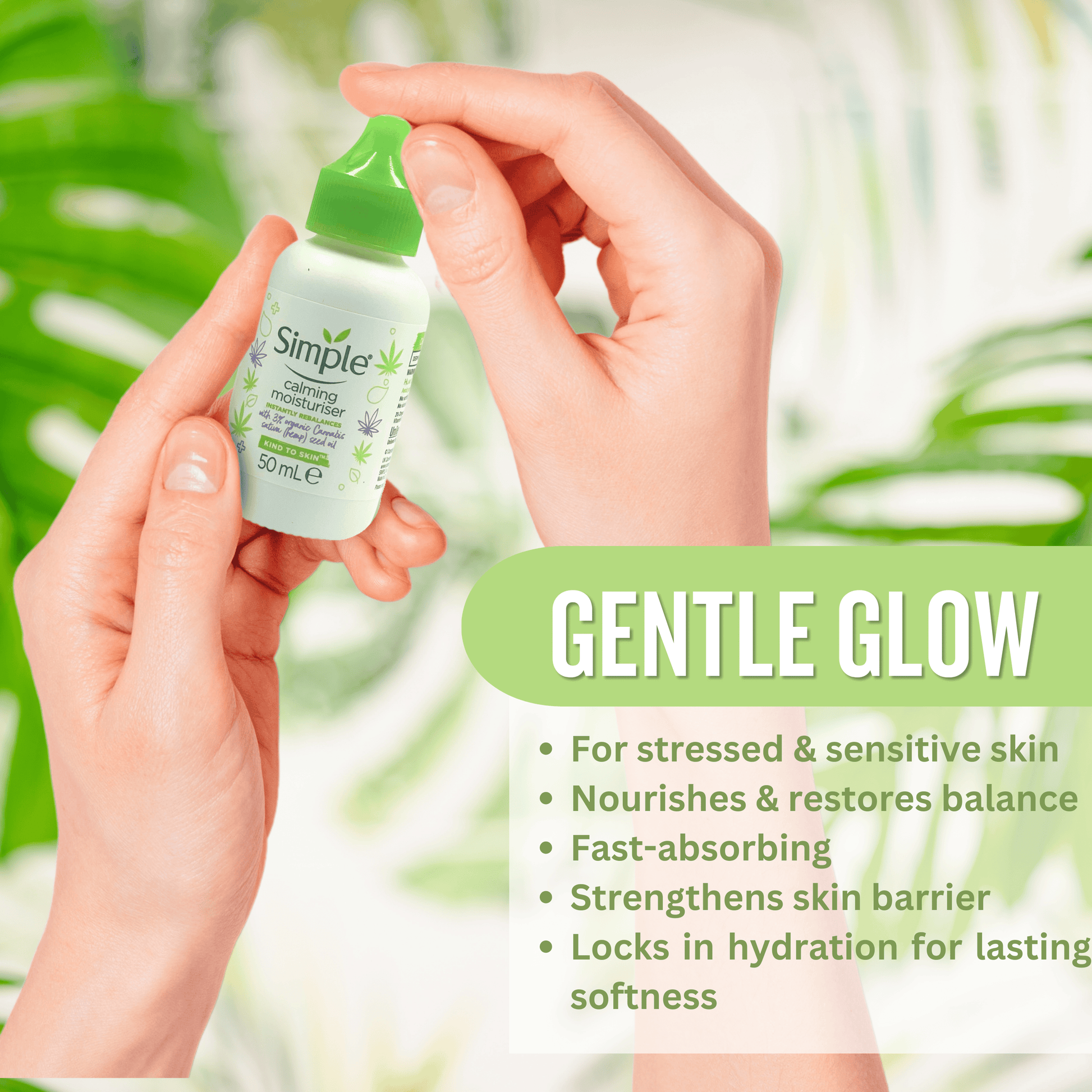 Simple calming moisturiser for sensitive skin with fast absorbing hydration benefits