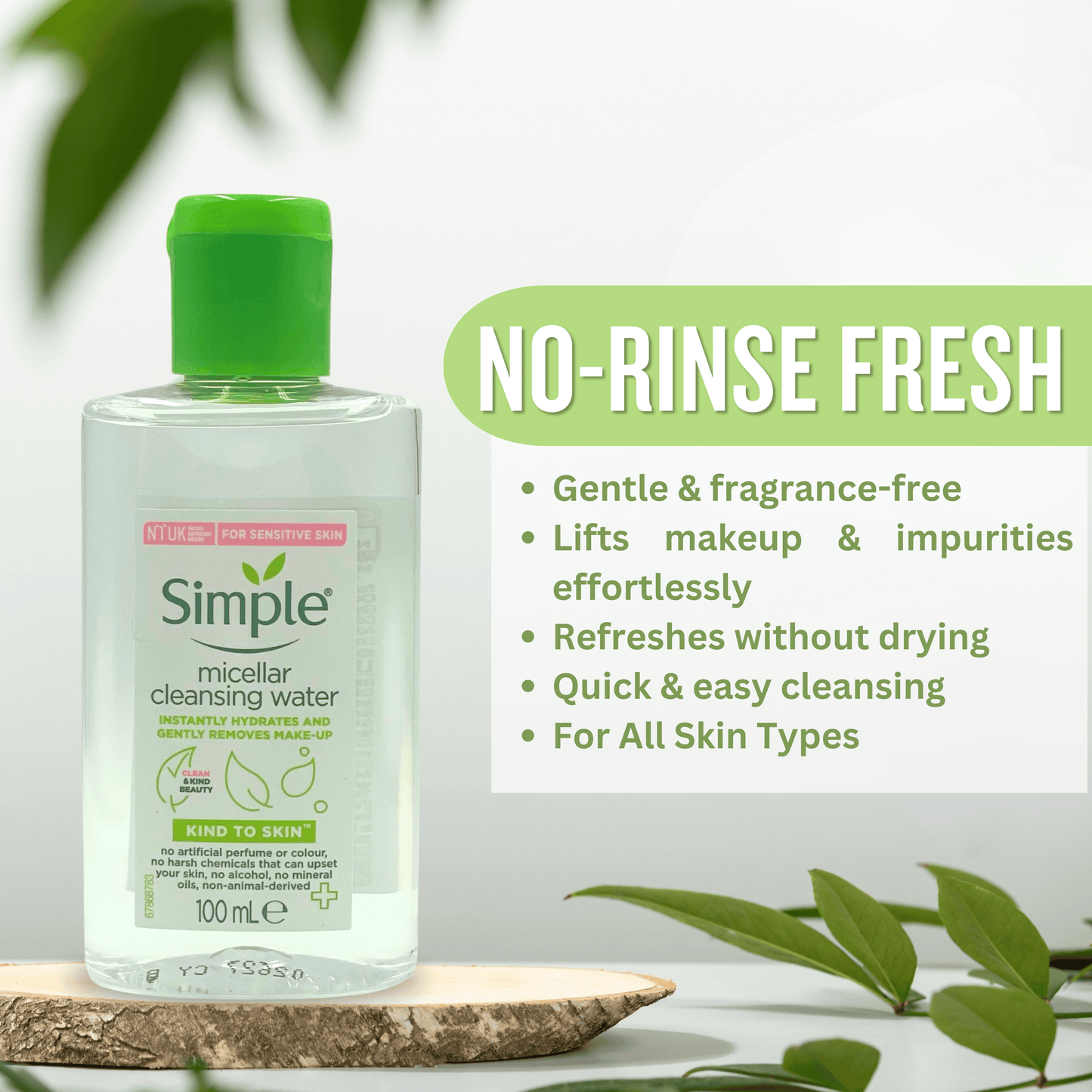 Simple micellar cleansing water showing gentle no-rinse cleansing benefits for sensitive skin