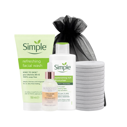 Simple facial skincare set with gentle cleanser, hydrating moisturiser, collagen and vitamin C serum, and grey reusable face towels