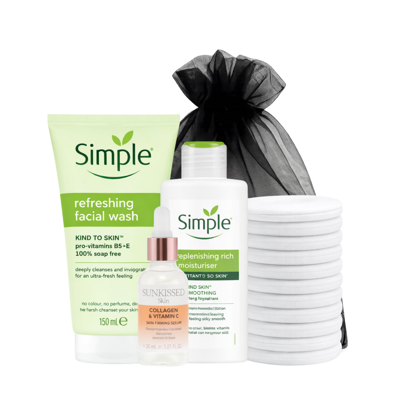 Simple skincare routine set including facial wash, rich moisturiser, collagen vitamin C serum and reusable white face towels