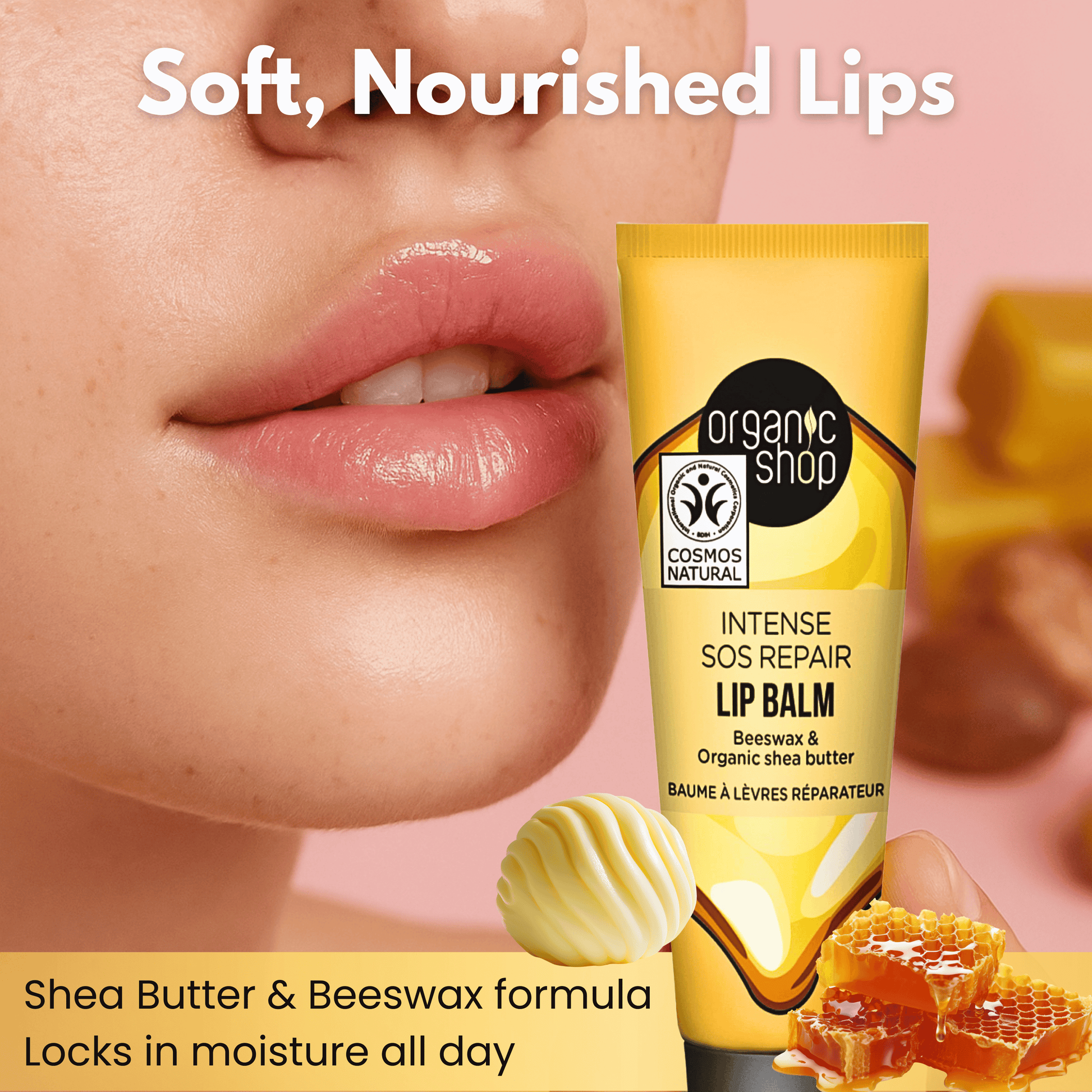 Close-up of lips with beeswax and shea butter lip balm for hydration and repair, creamy yellow packaging