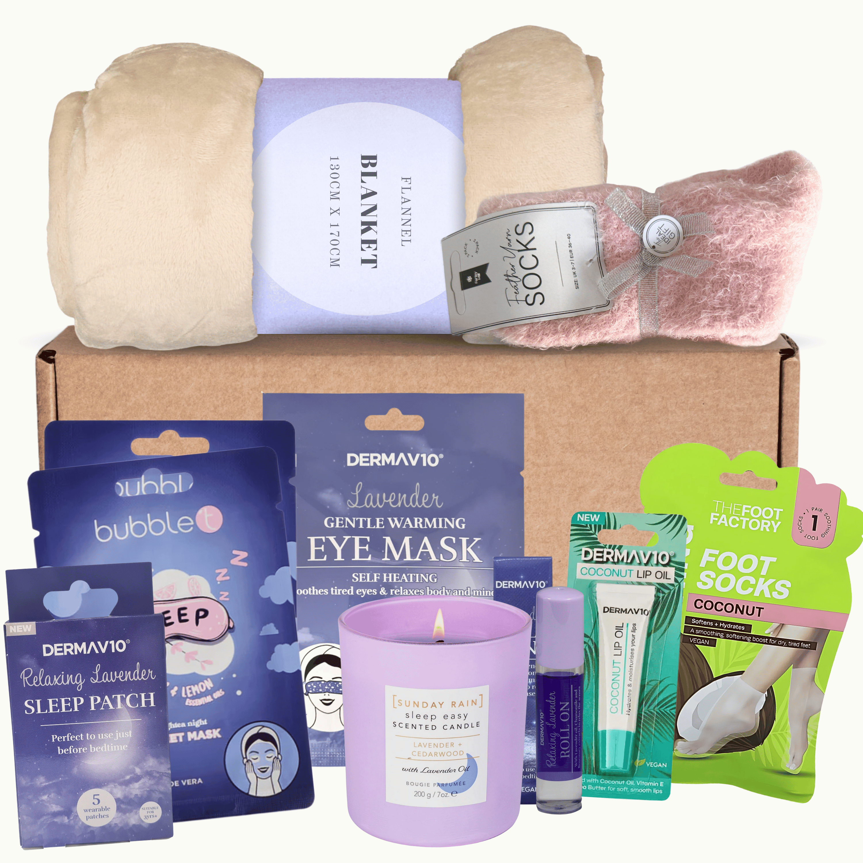 10-piece lavender spa gift set for women with blanket, candle, socks, foot mask, and sleep patch, ideal for pampering