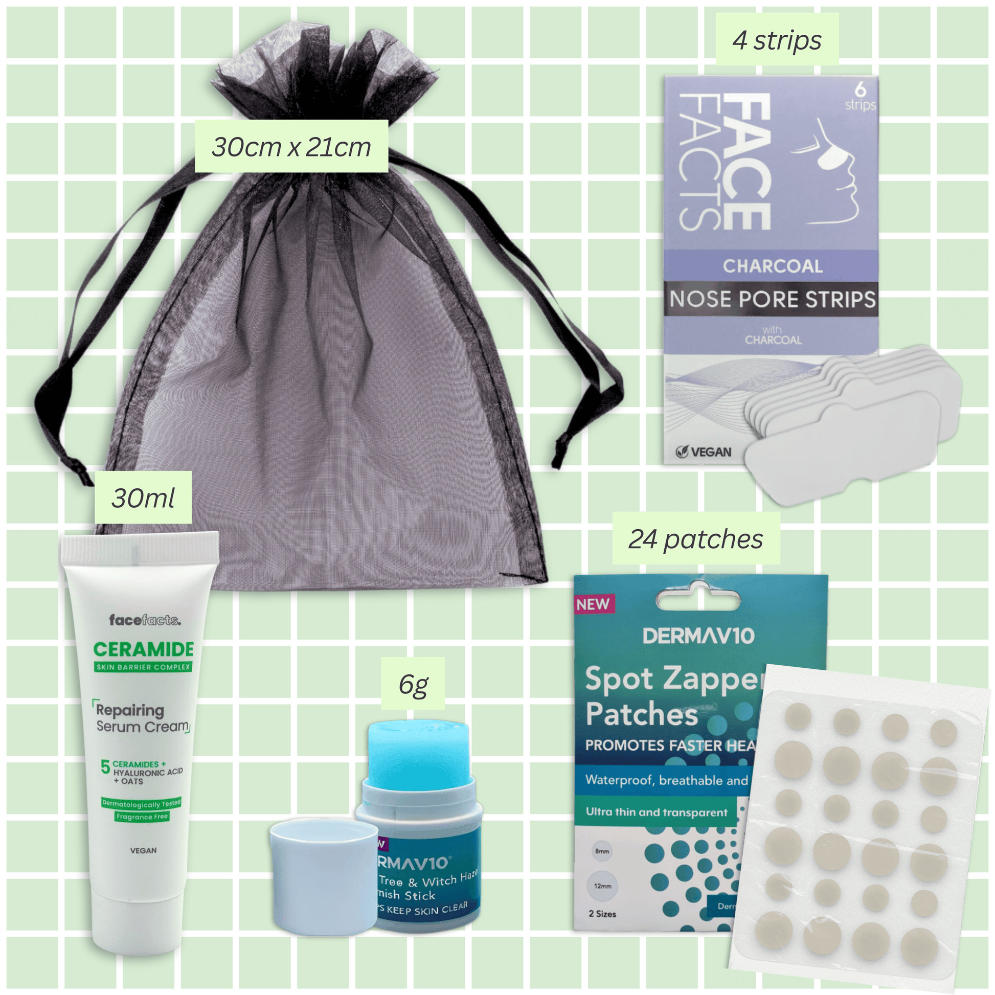 Visual breakdown of 4-piece spot care kit with item sizes and descriptions