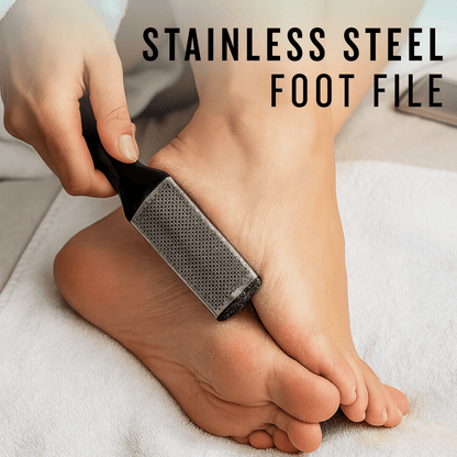 Stainless steel foot file smoothing rough heels, spa towel setting, for cracked heel treatment.