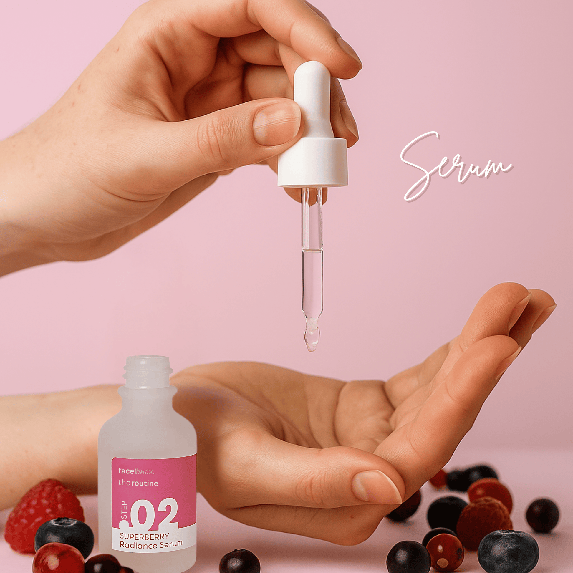 Superberry Radiance Serum dropper being dispensed, surrounded by berries, perfect for brightening skin tone.