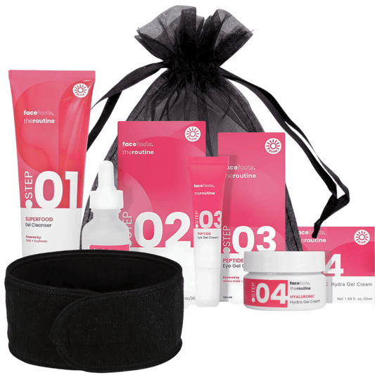 Full 5-piece Superfood Skincare Gift Set with cleanser, serum, eye cream, moisturizer, headband, and pouch.