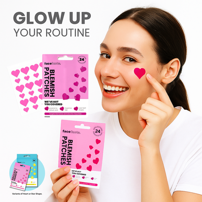 Smiling teen girl applying heart-shaped blemish patch – part of skincare gift set