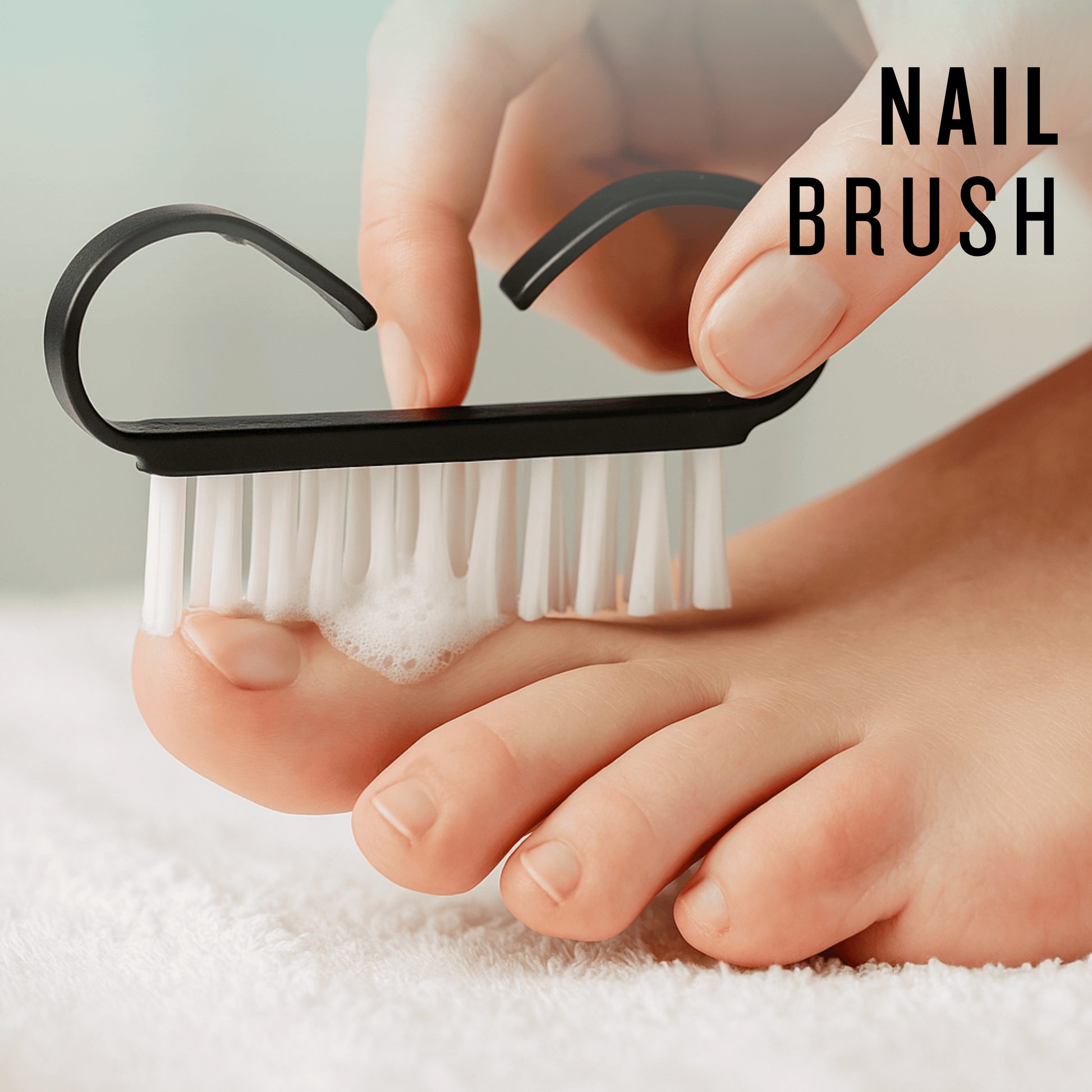 White bristle black-handled nail brush being used on toes to clean residue, foamy water for freshness.