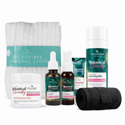 Botanical Beauty skincare gift set with cleansing milk, hydrating day cream, facial oils, microfiber cleansing cloth and spa headband on white background.
