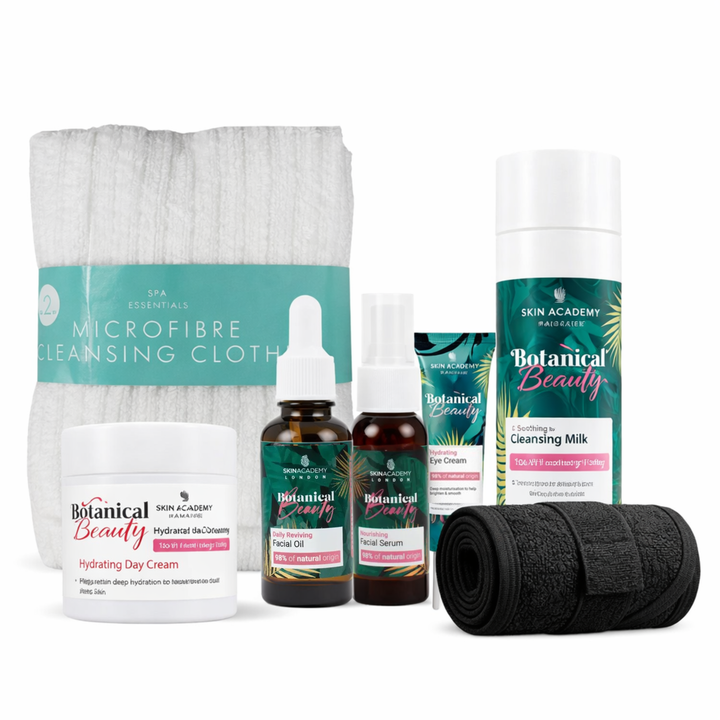 Botanical Beauty skincare gift set with cleansing milk, hydrating day cream, facial oils, microfiber cleansing cloth and spa headband on white background.