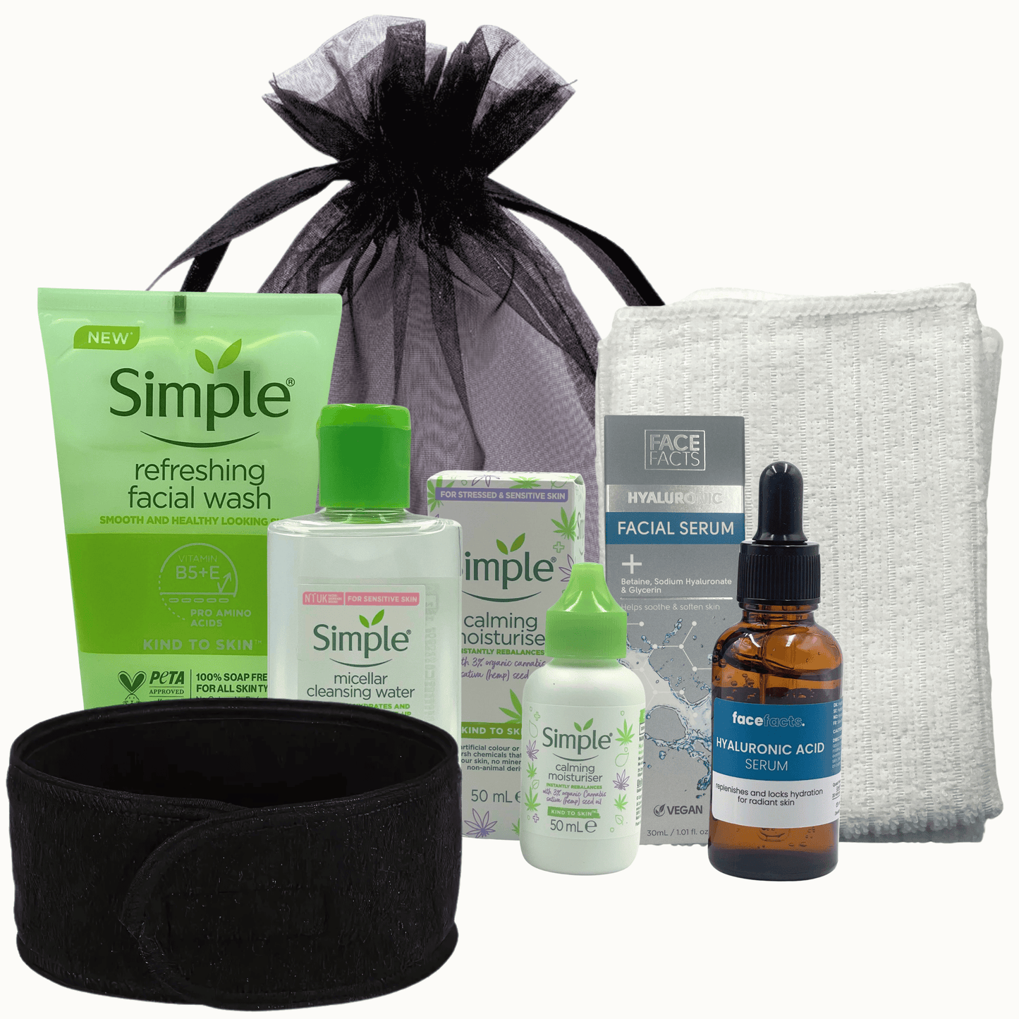 VikingTreat calming skincare bundle with facial wash, moisturiser, micellar water, hyaluronic serum, cloth and headband for sensitive skin