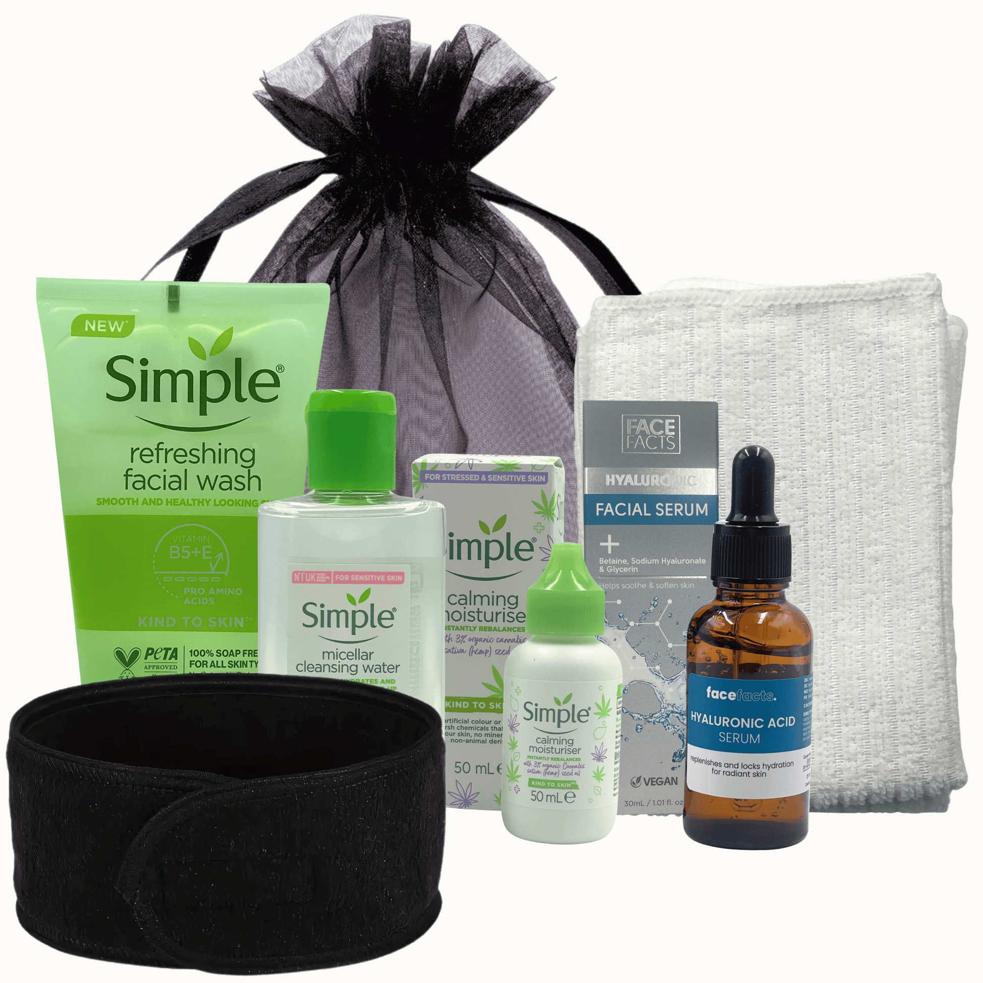 VikingTreat calming skincare bundle with facial wash, moisturiser, micellar water, hyaluronic serum, cloth and headband for sensitive skin