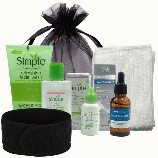 VikingTreat calming skincare bundle with facial wash, moisturiser, micellar water, hyaluronic serum, cloth and headband for sensitive skin