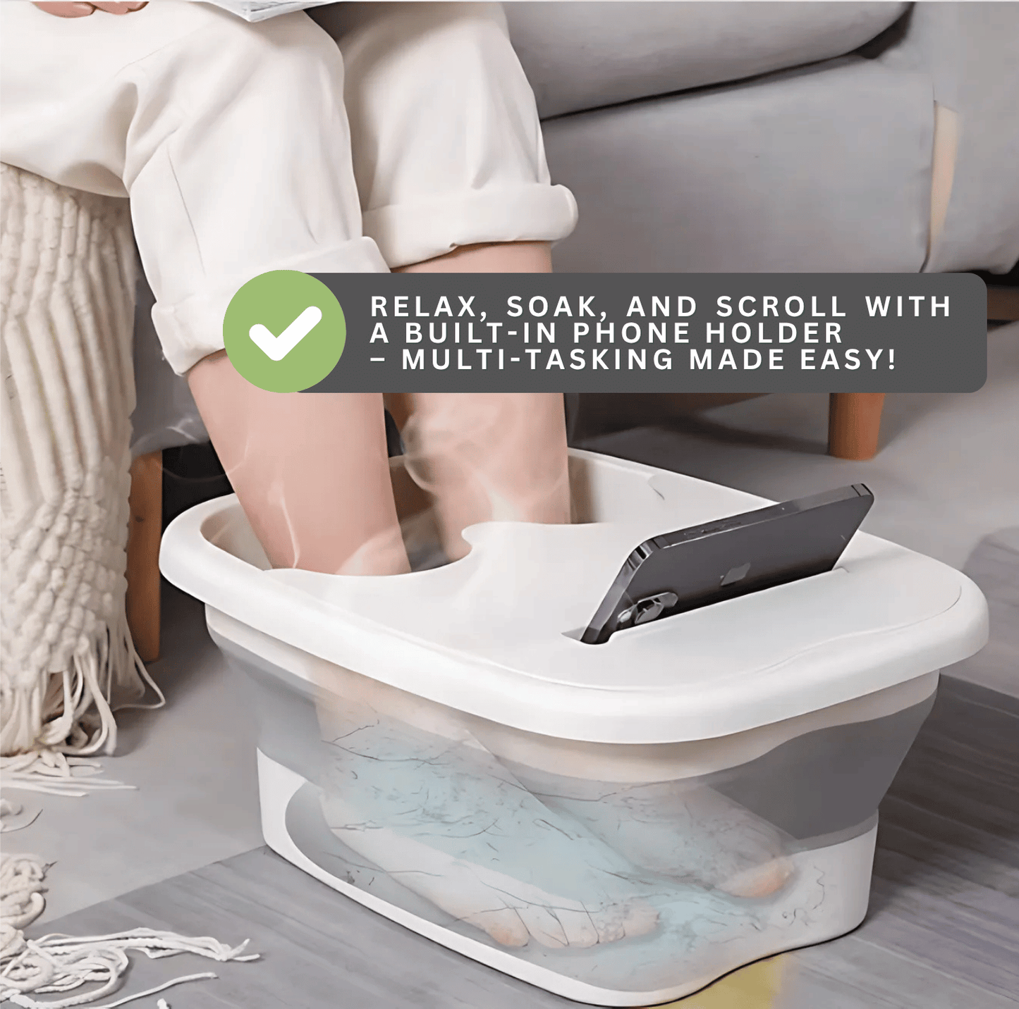 Collapsible foot bath with built-in phone holder for relaxing foot soak at home