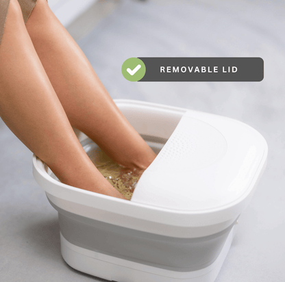 Collapsible foot spa bath with removable lid while soaking feet at home