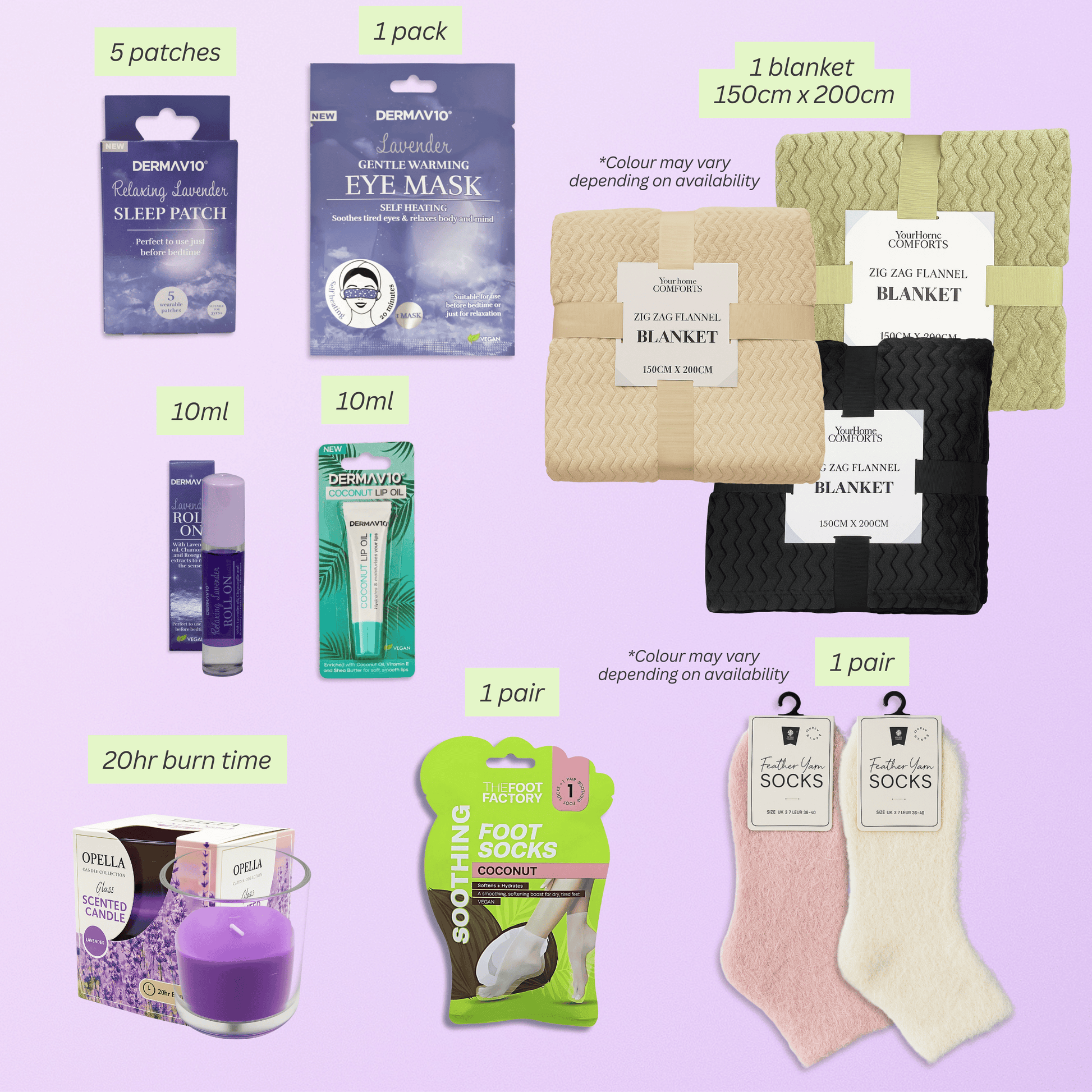 Cozy night gift set with flannel blanket, lavender eye mask, sleep patches, lip oil, candle, foot socks and fluffy socks from VikingTreat