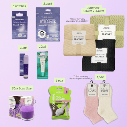 Cozy night gift set with flannel blanket, lavender eye mask, sleep patches, lip oil, candle, foot socks and fluffy socks from VikingTreat