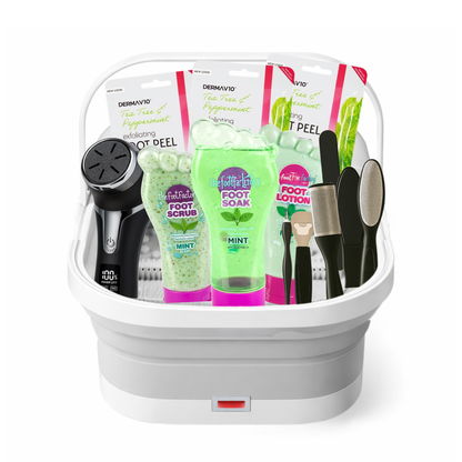 Electric foot spa pedicure set with foot soak, foot scrub, lotion, exfoliating tools, foot peel masks and motorised foot file inside collapsible spa basin.