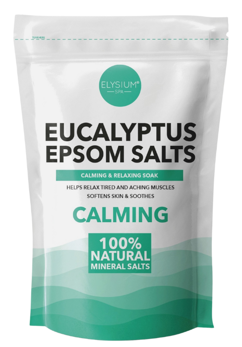 Eucalyptus Epsom salts pouch for calming aromatherapy foot soaks that relax tired and aching muscles
