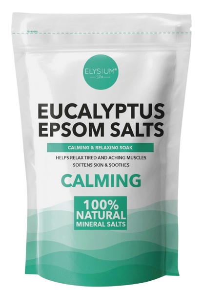 Eucalyptus Epsom salts pouch for calming aromatherapy foot soaks that relax tired and aching muscles