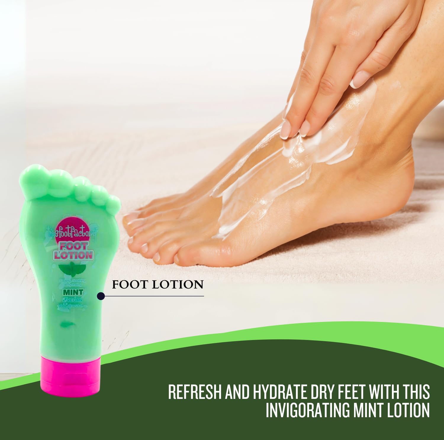 Applying mint foot lotion to dry feet for hydration, cooling relief, and smoother skin after a pedicure.