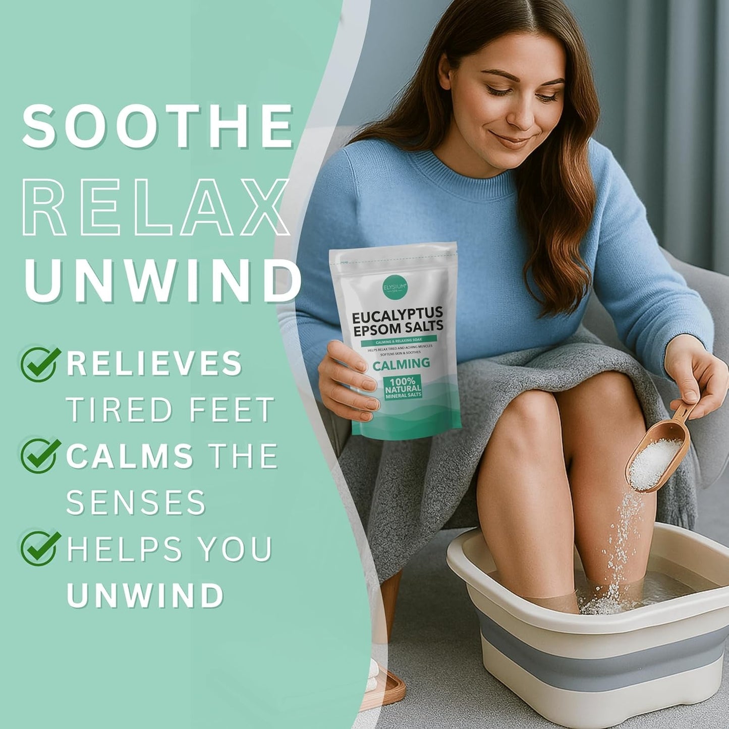 Woman pouring eucalyptus Epsom salt into a foldable foot spa tub during a soothing foot soak at home
