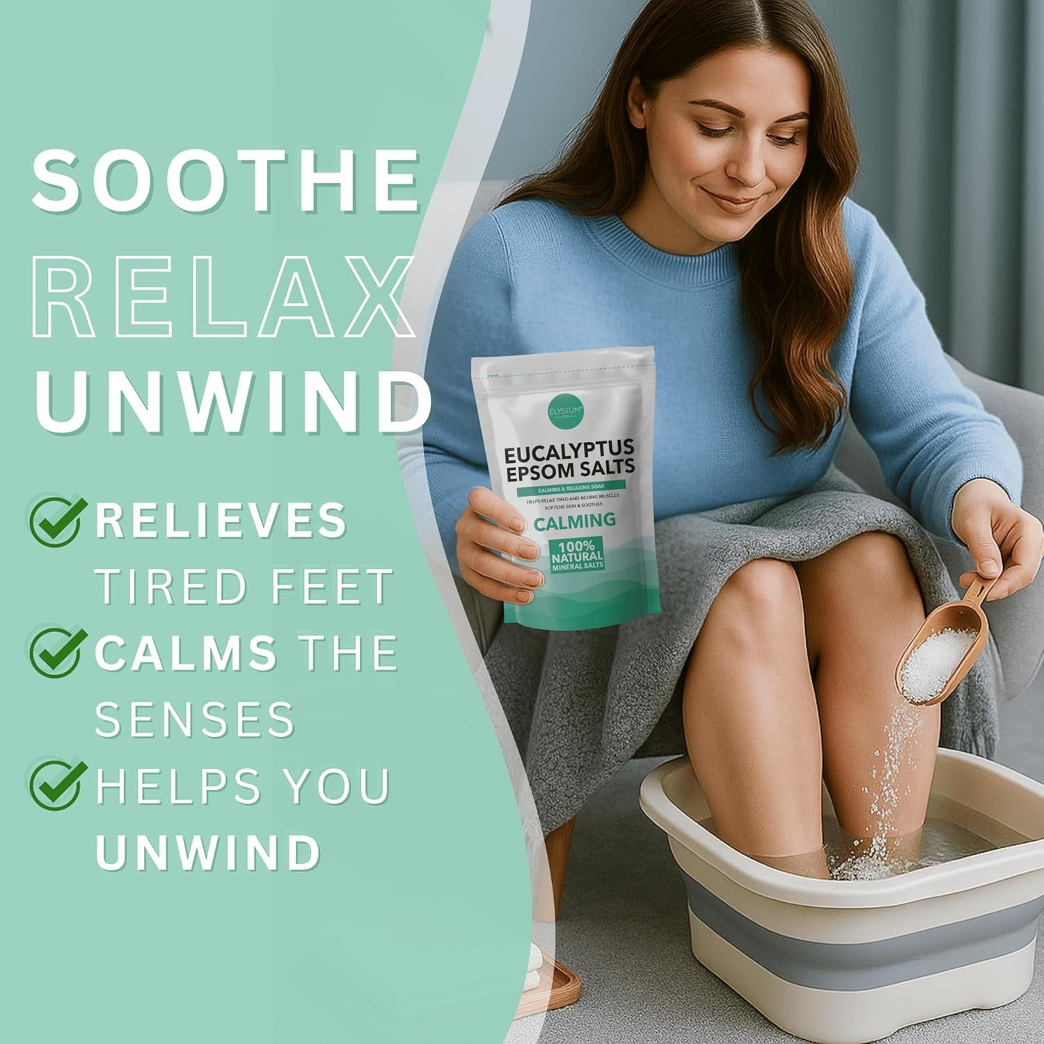 Woman pouring eucalyptus Epsom salt into a foldable foot spa tub during a soothing foot soak at home