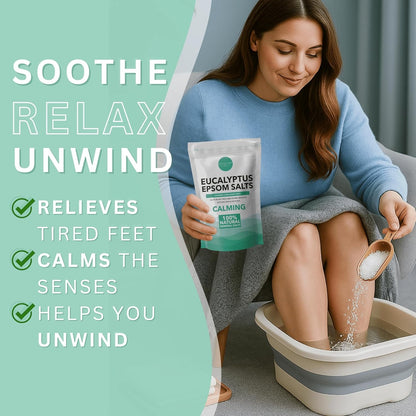 Woman pouring eucalyptus Epsom salt into a foldable foot spa tub during a soothing foot soak at home
