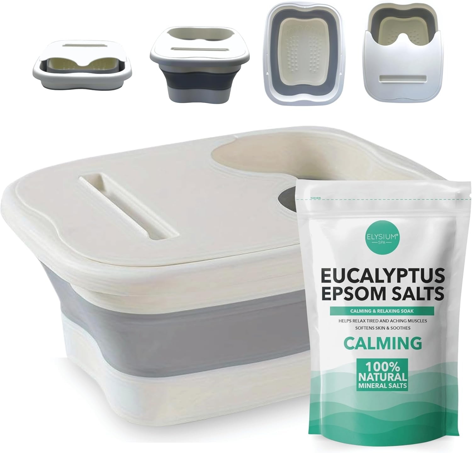 Foldable foot spa bath tub shown with eucalyptus Epsom salts for a calming and relaxing foot soak