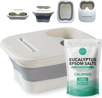 Foldable foot spa bath tub shown with eucalyptus Epsom salts for a calming and relaxing foot soak