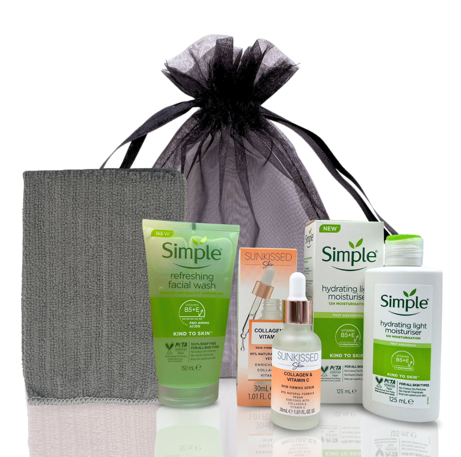Vikingtreat Skincare gift set with grey microfibre cloth and hydration trio
