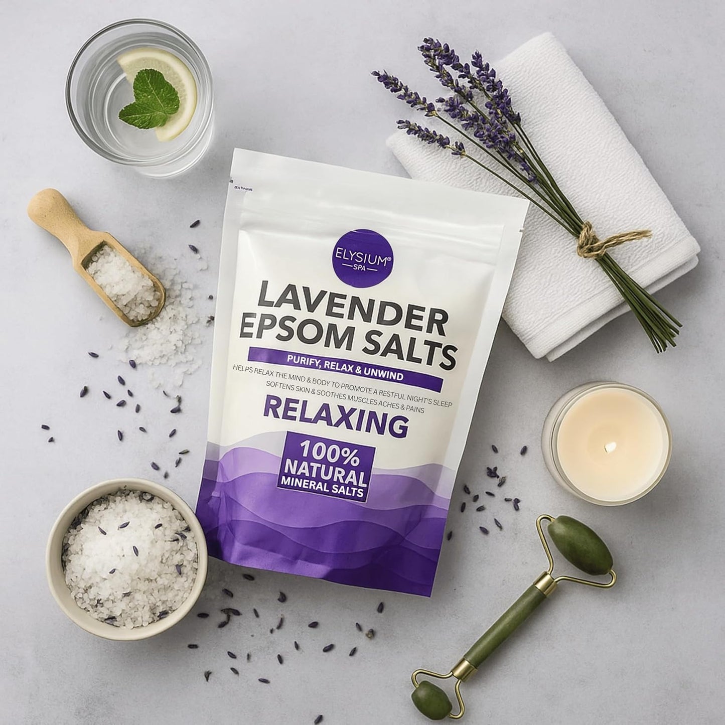 Lavender Epsom salts pouch for relaxing foot soaks, promoting calm and soothing tired muscles