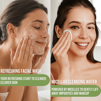 Model using refreshing facial wash and micellar cleansing water as part of calming skincare routine