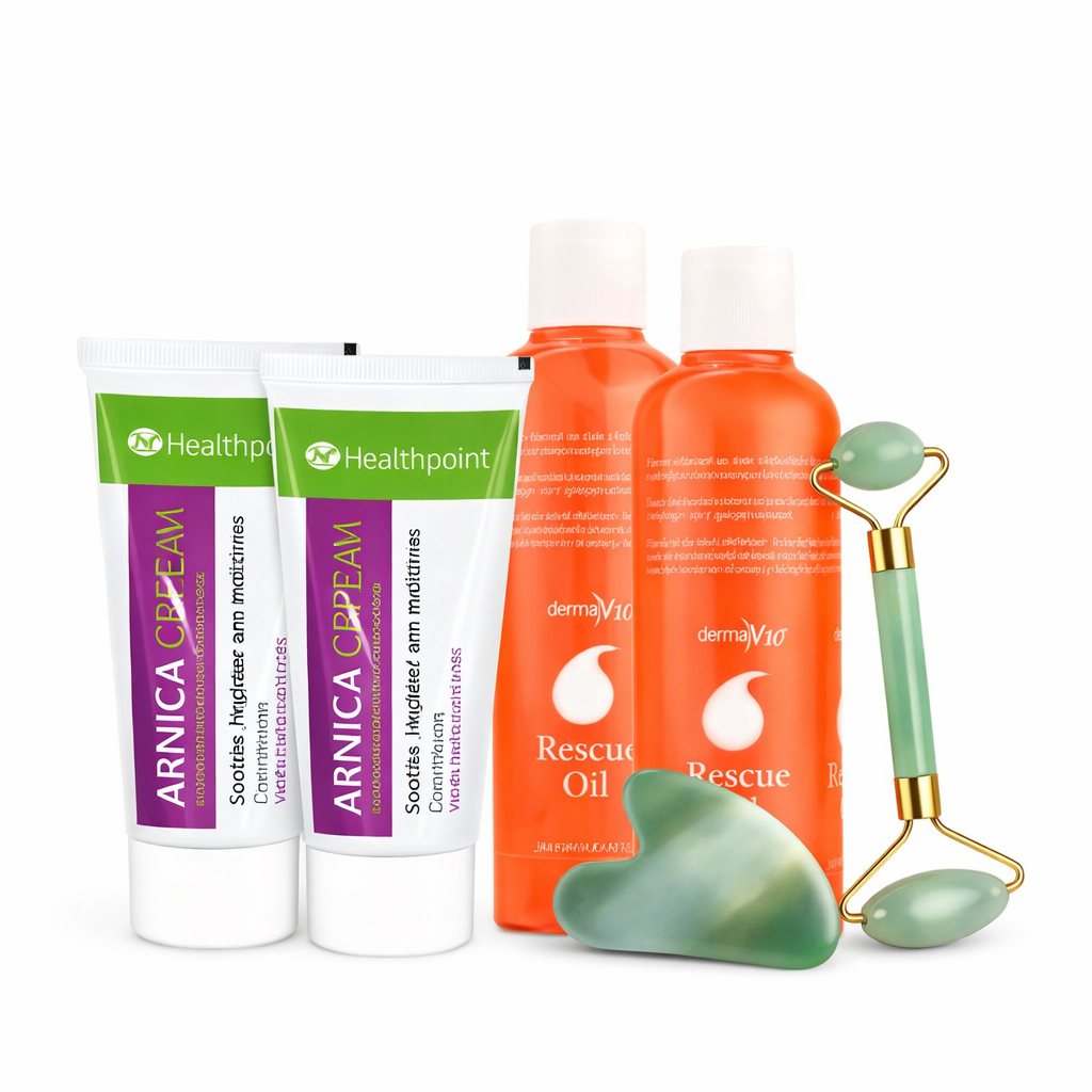 Rescue oil and arnica cream bundle with jade roller and gua sha tool for massage, soothing skin care and targeted scar and bruise care.