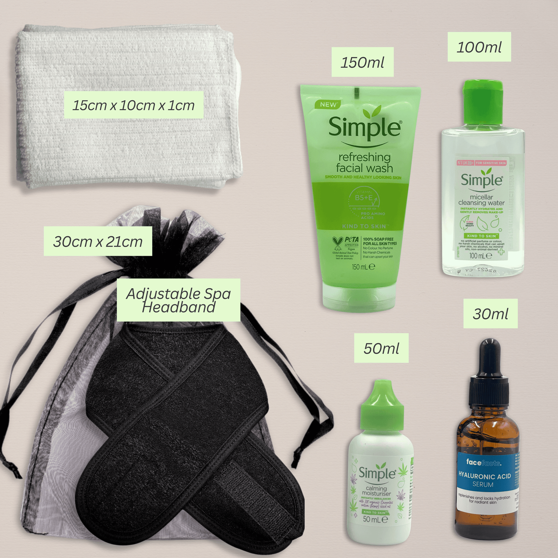 Calming skincare bundle with product size labels including facial wash, micellar water, moisturiser, serum, face cloth and spa headband