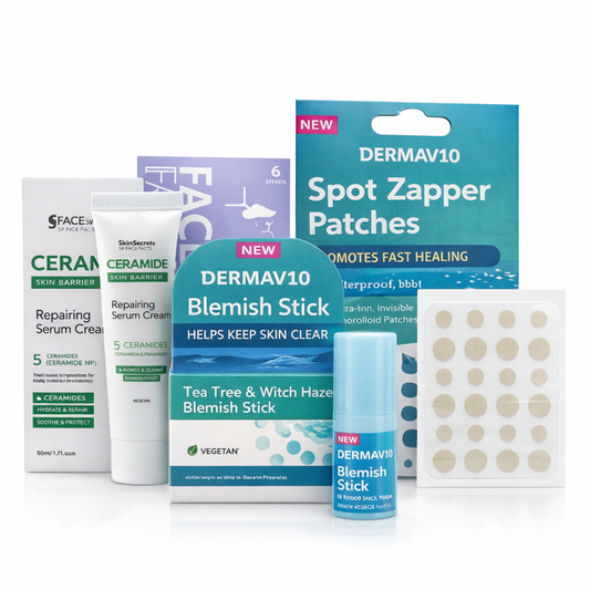 Spot care skincare kit with ceramide repairing serum cream, tea tree blemish stick, charcoal nose pore strips and DermaV10 spot zapper patches on white background.