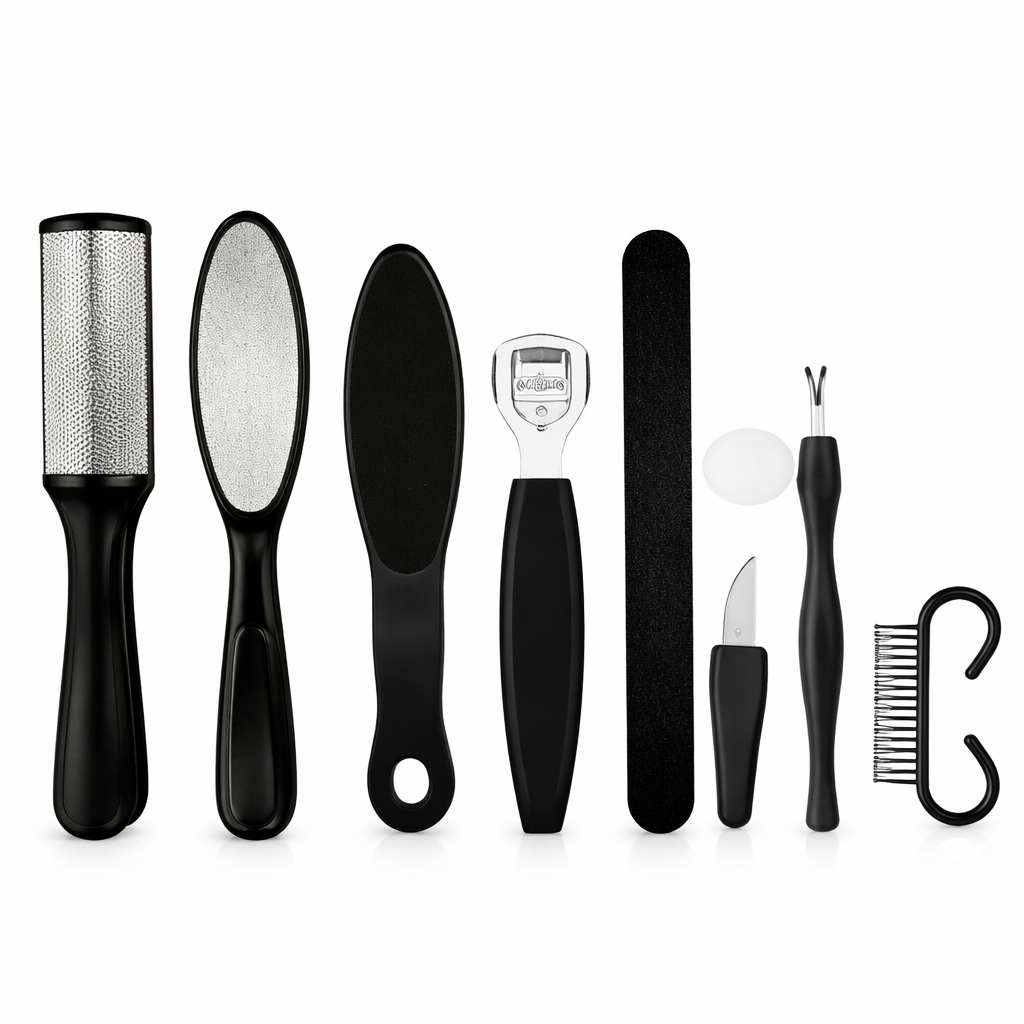 Stainless steel foot file and pedicure tool set including callus remover, nail file, cuticle tools and exfoliating foot rasp on white background.