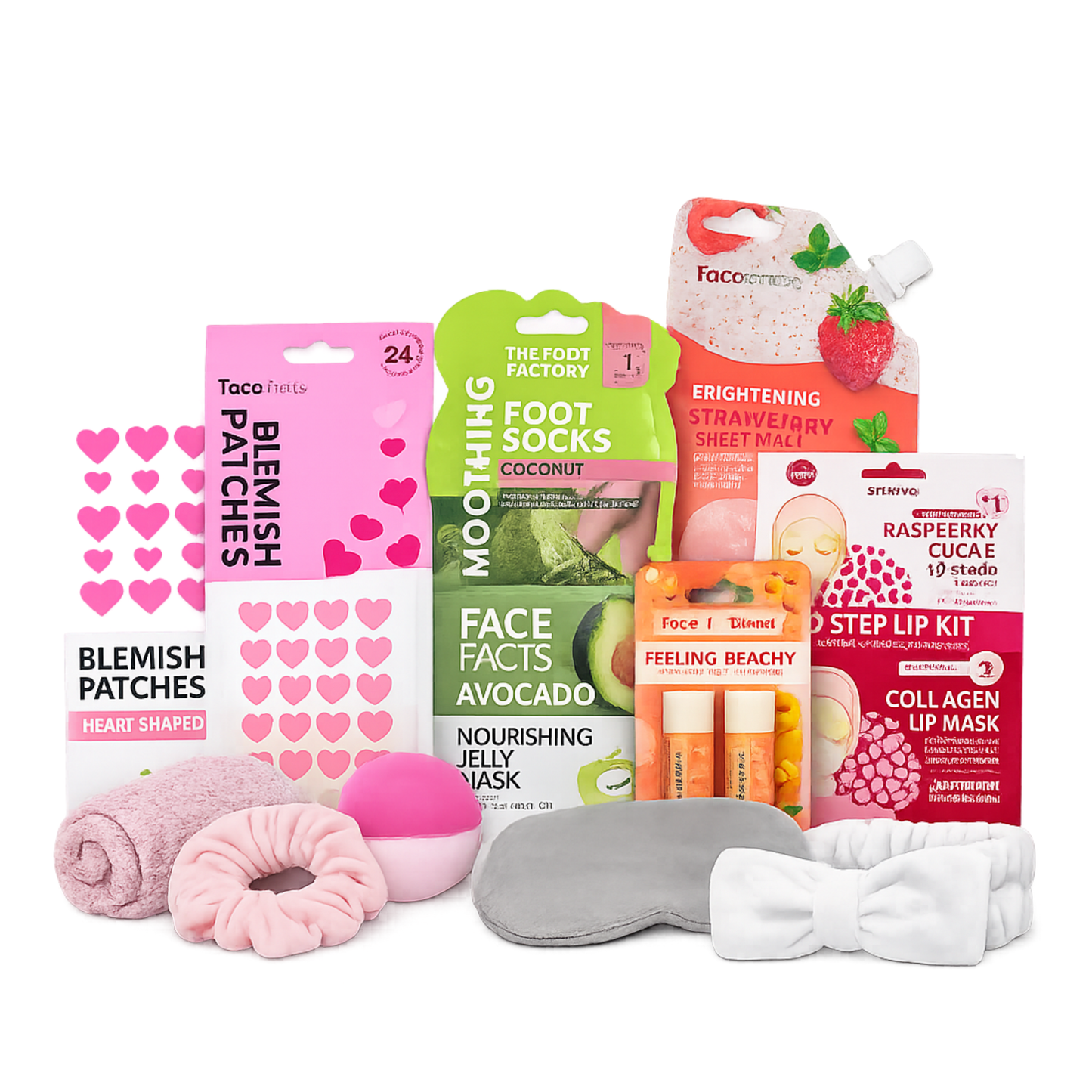 Teen pamper gift set featuring heart blemish patches, avocado jelly face mask, strawberry sheet mask, collagen lip mask, lip kit, eye mask and spa accessories.
