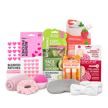 Teen pamper gift set featuring heart blemish patches, avocado jelly face mask, strawberry sheet mask, collagen lip mask, lip kit, eye mask and spa accessories.
