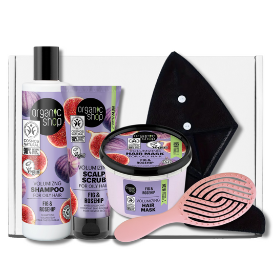 Full set of fig & rosehip hair care products including shampoo, scrub, mask, towel wrap, and brush in white gift box.